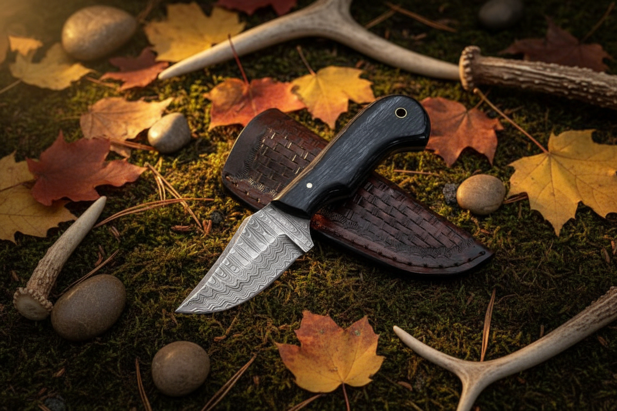 Navy micarta damascus skinner knife diagonal outdoor