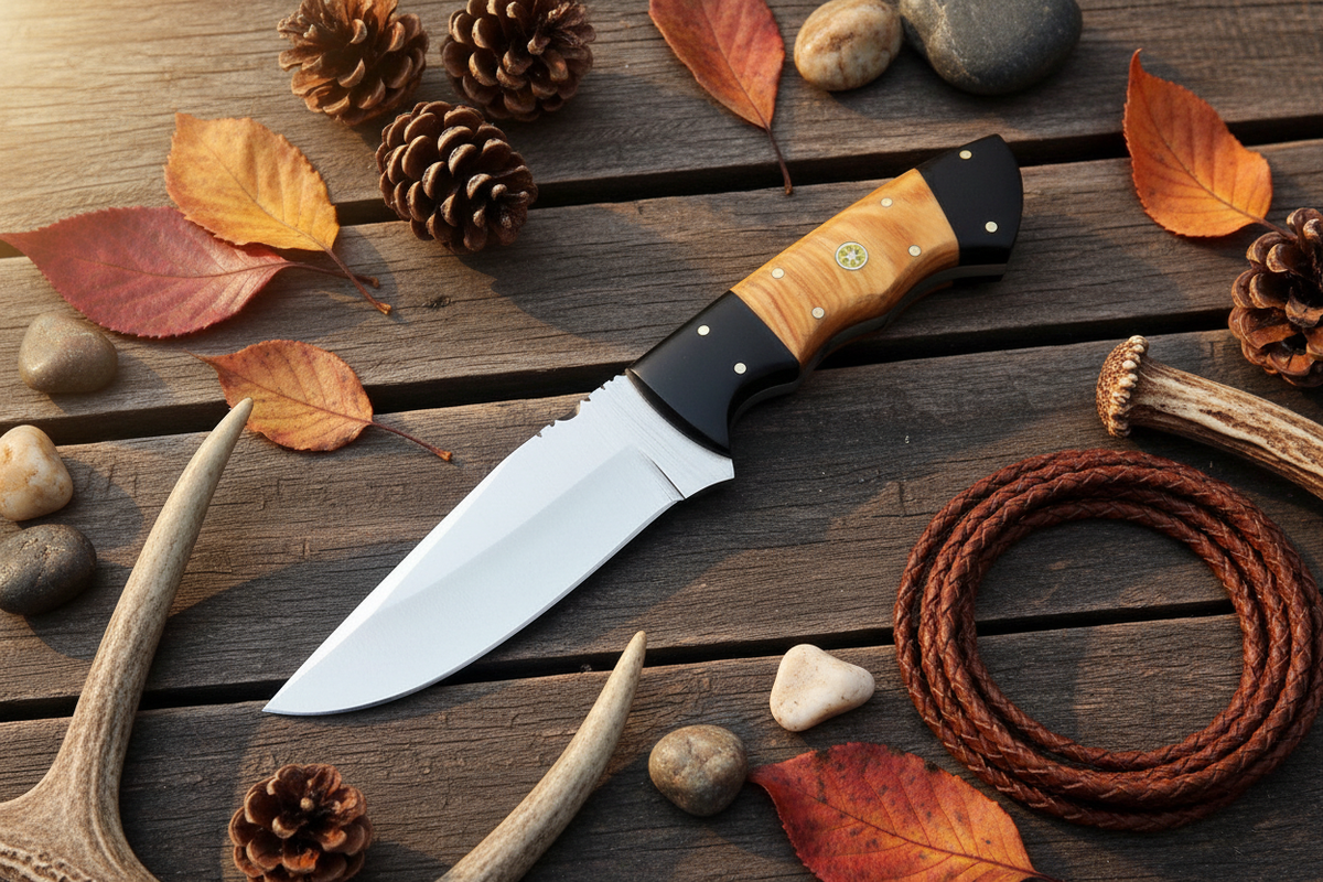 Hunter’s Olive Shadow D2 steel hunting knife with olivewood and G10 handle