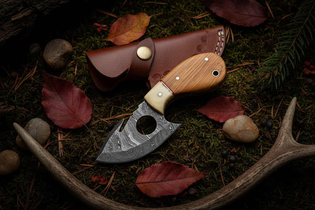 Olivewood bone finger hole damascus ulu knife diagonal