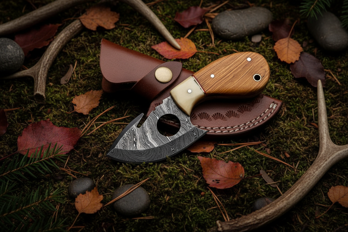 Olivewood ivory bone finger hole damascus ulu knife diagonal