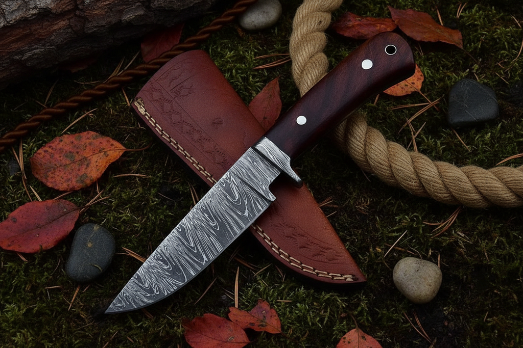Hunter’s Rosewood Raider Damascus hunting knife with rosewood handle
