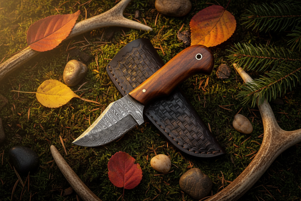 Rosewood damascus skinner knife diagonal outdoor