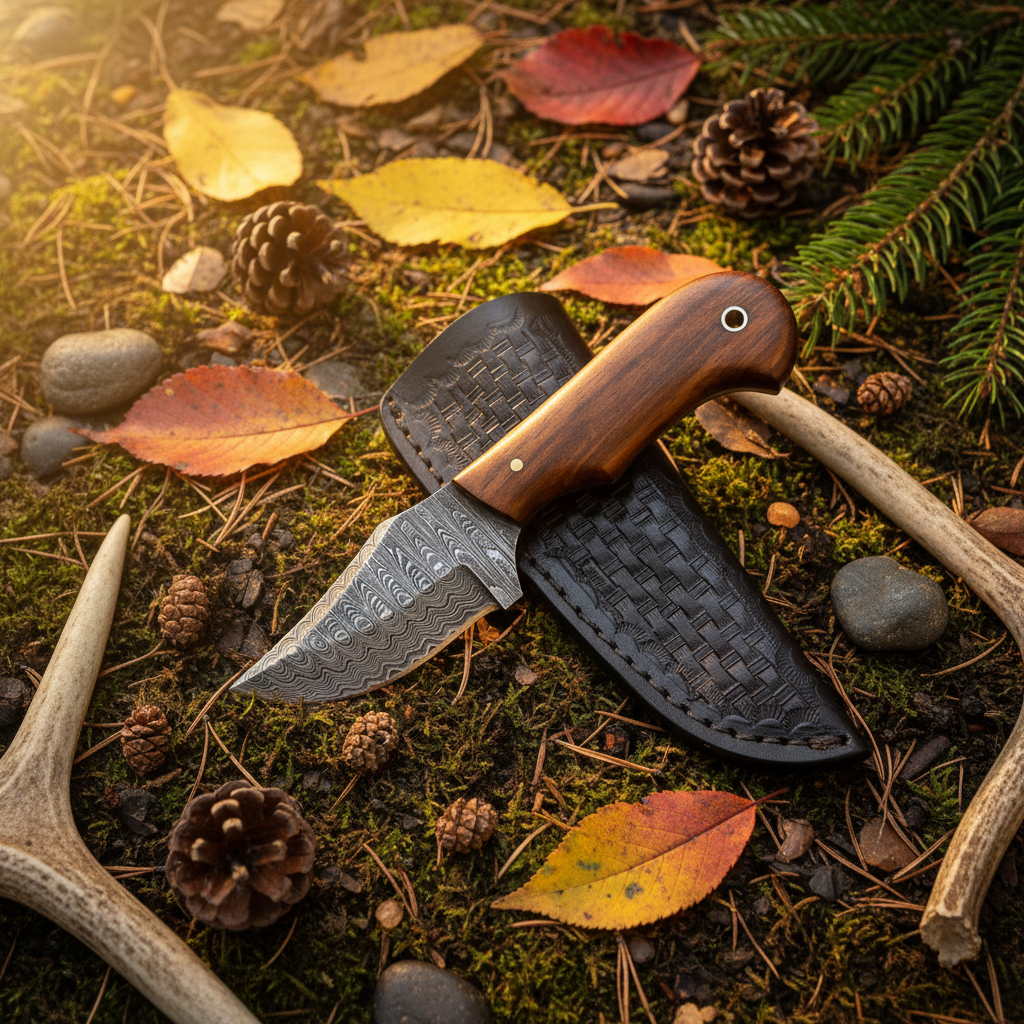 Rosewood Damascus Skinner Knife with Black Basket-Weave Leather Sheath Outdoor Square Flat Lay