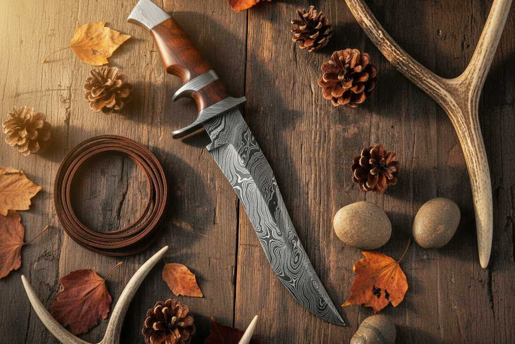 Rosewood finger hole damascus bowie knife diagonal