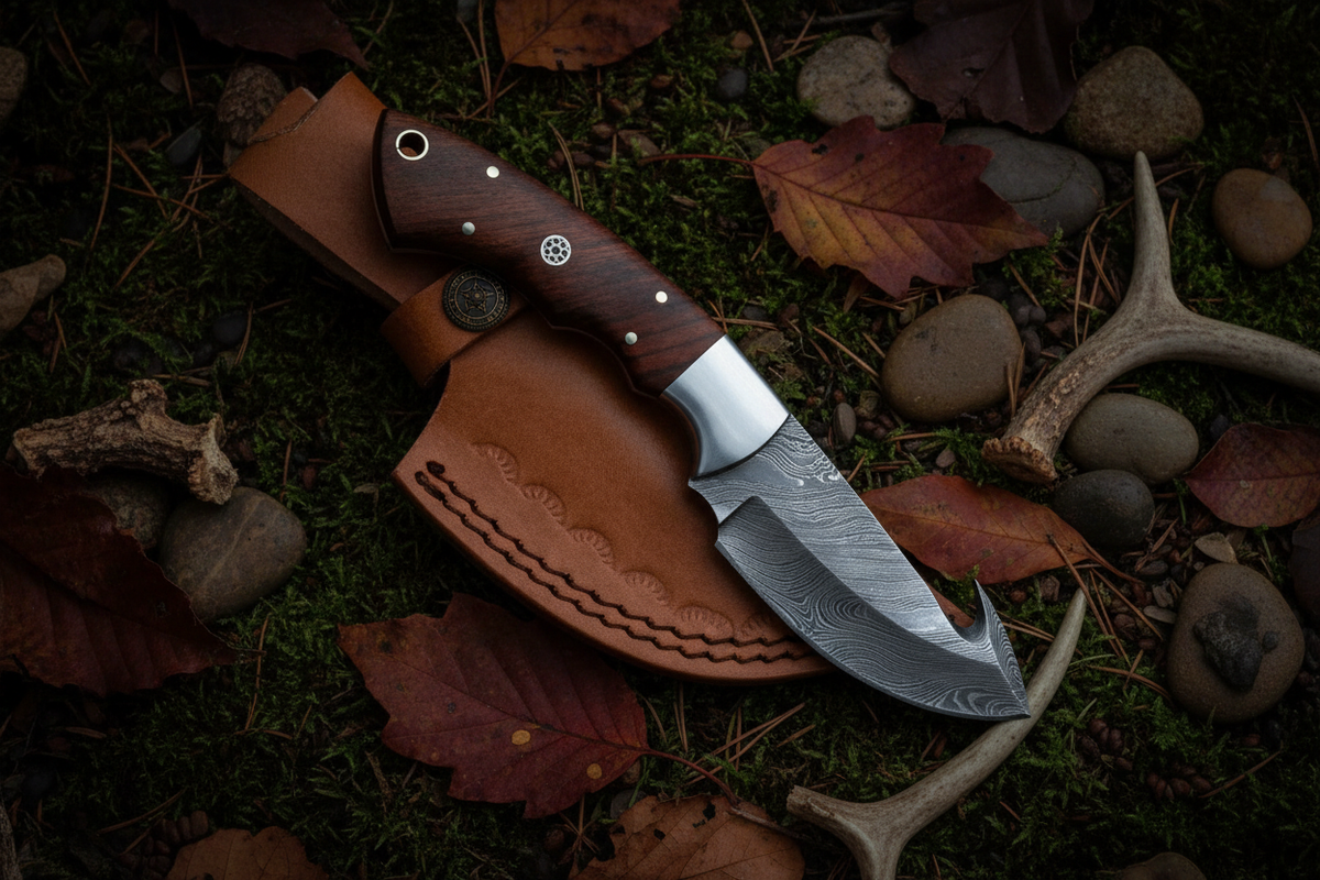 Rosewood gut hook damascus knife partially drawn diagonal