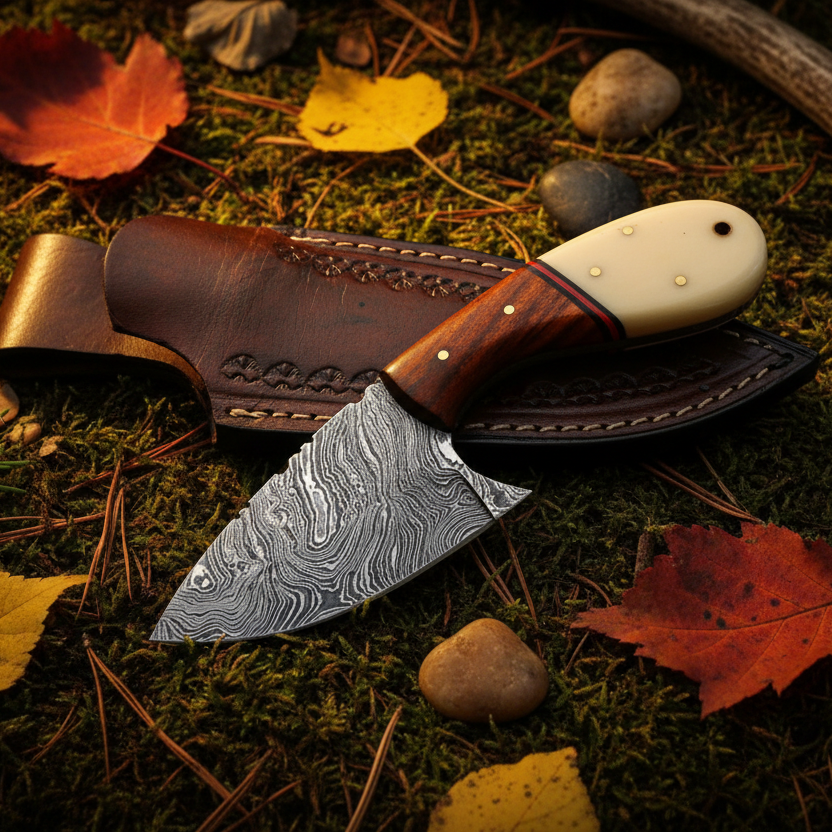 Rosewood ivory bone red spacer damascus skinner knife diagonal