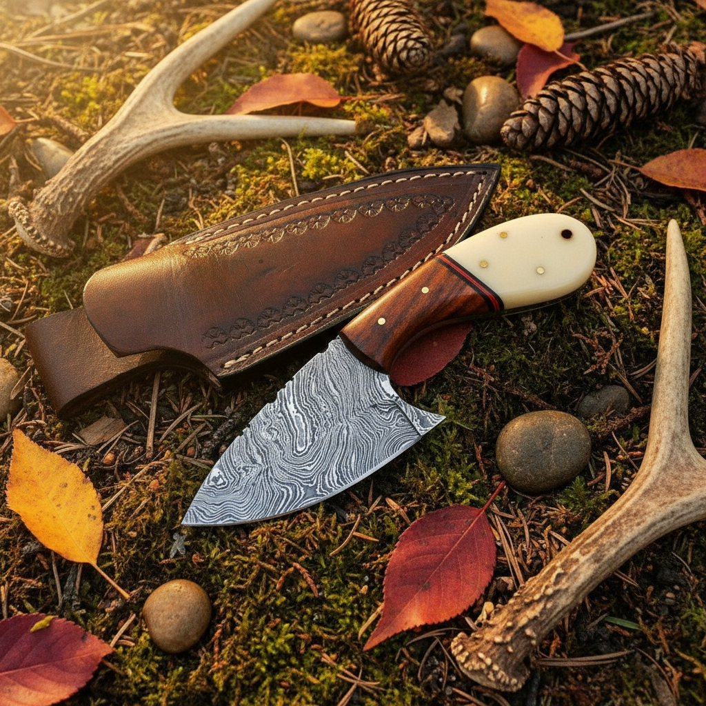 Hunter’s Bonewood Edge Damascus Skinning Knife
