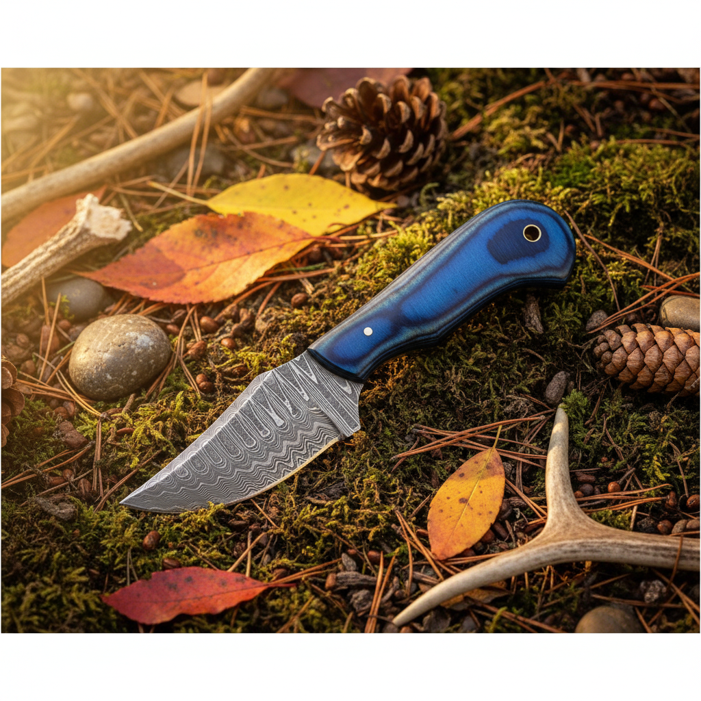 Royal blue micarta damascus skinner knife outdoor forest floor square flat lay