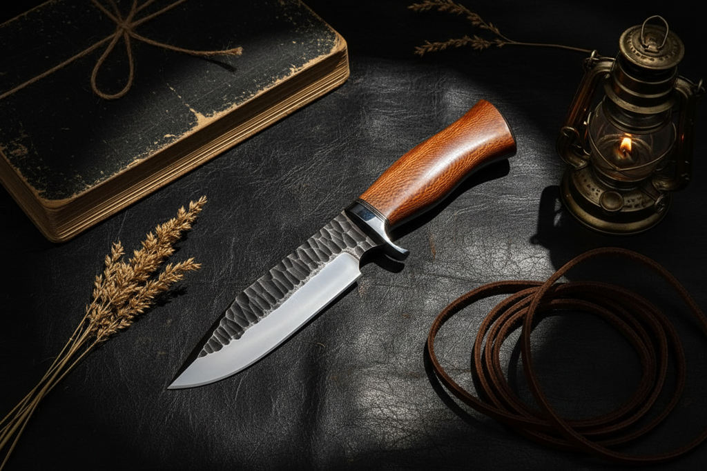 Hunter’s Ironwood Trail hand-forged 1095 steel hunting knife with lace wood handle