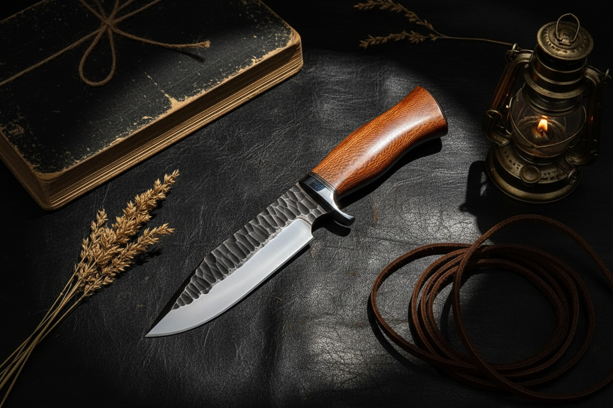Hunter’s Ironwood Trail hand-forged 1095 steel hunting knife with lace wood handle