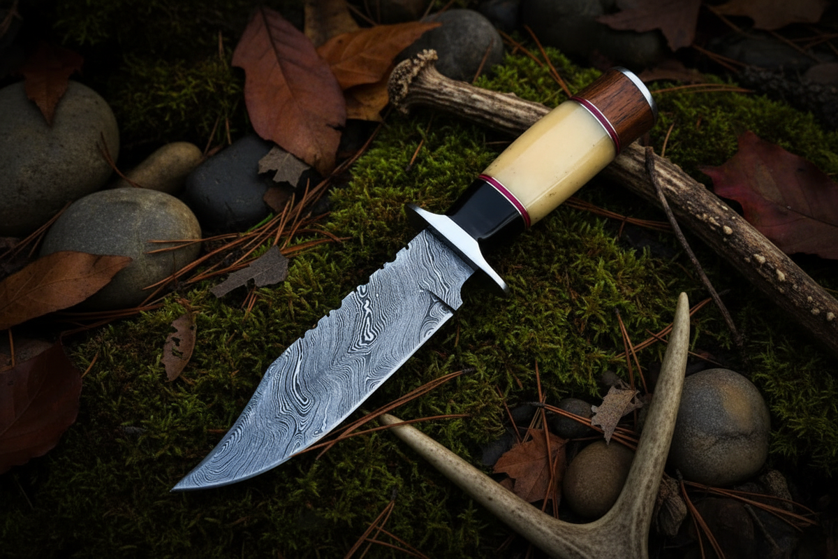Stacked ivory bone crimson damascus knife diagonal