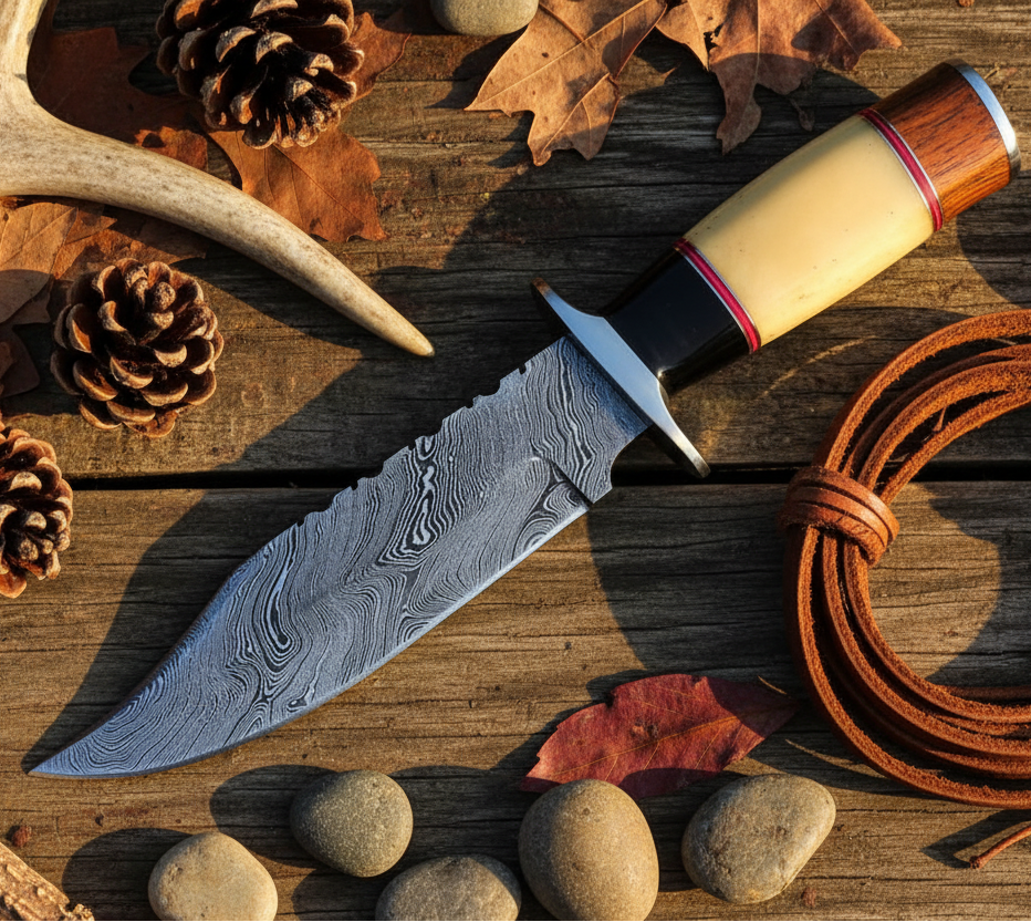 Stacked Ivory Bone Crimson Rosewood Damascus Hunting Knife Flat Lay