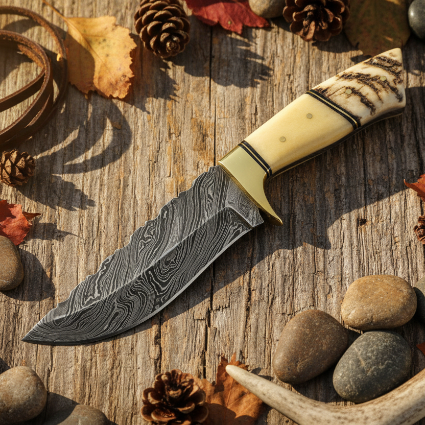 Hunter’s Highland Bonehorn Damascus Hunting Knife