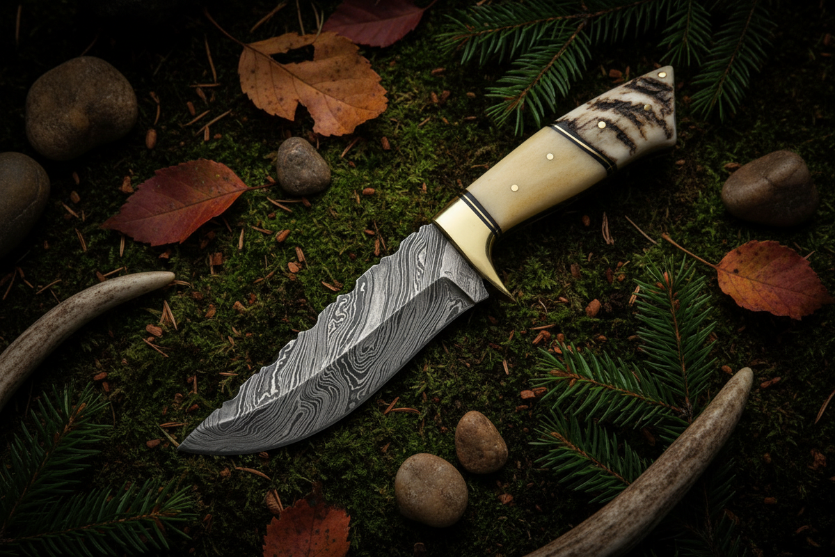 Hunter’s Highland Bonehorn Damascus hunting knife with bone and sheep horn handle