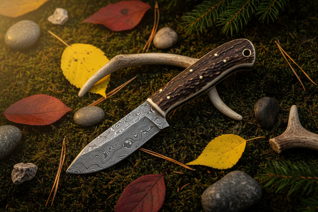 Stag antler damascus skinner knife only diagonal outdoor