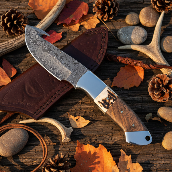 Antlercrest – Custom Handmade Damascus Guthook Knife