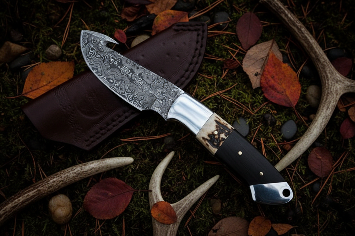 Stag antler dark wood damascus gut hook knife diagonal