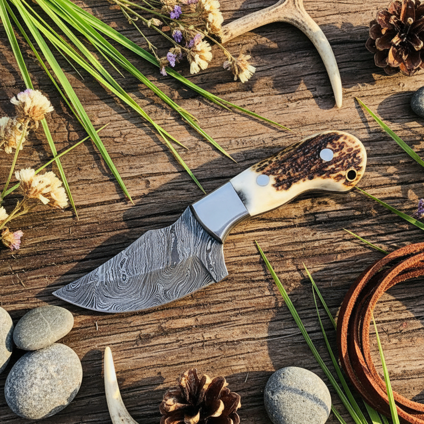 Elk Ridge Damascus Skinning Knife with Antler Horn Handle
