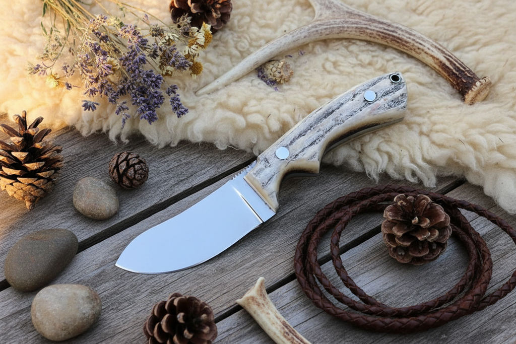 Buck Trail D2 steel skinning knife with antler horn handle and leather sheath