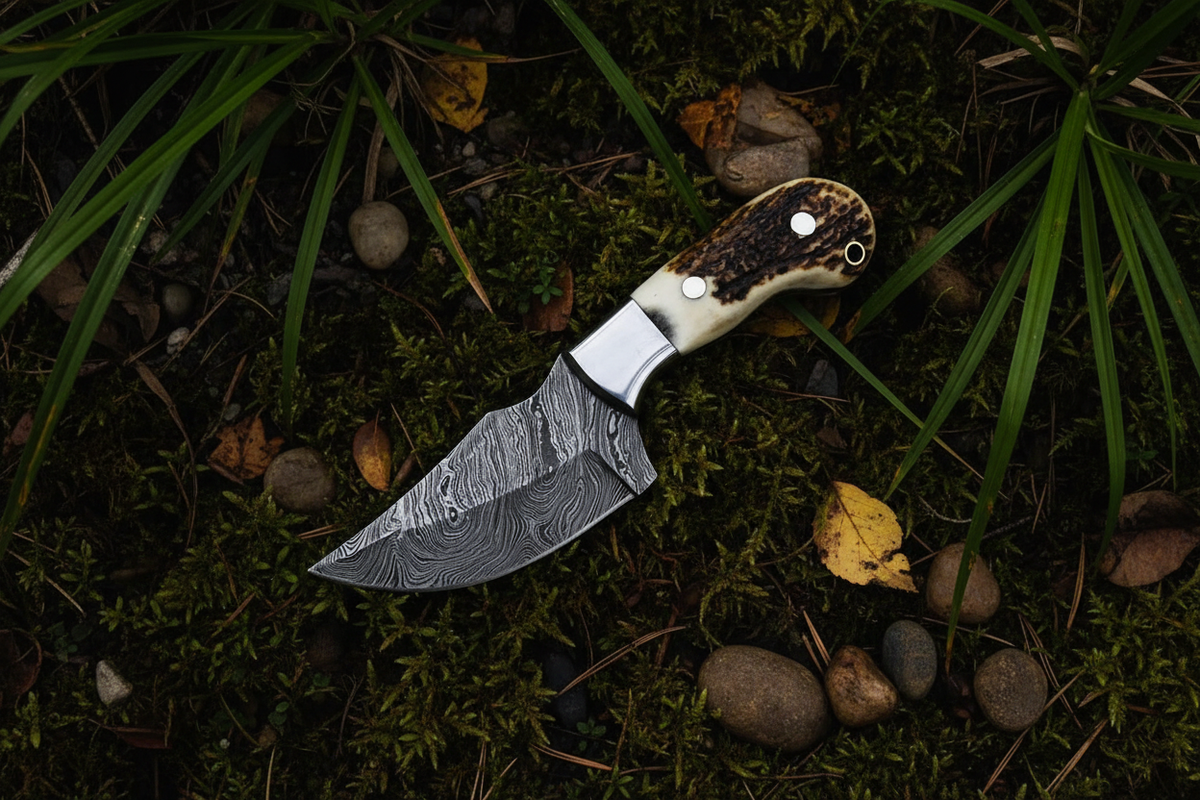 Elk Ridge Damascus skinning knife with antler horn handle, steel bolster and leather sheath