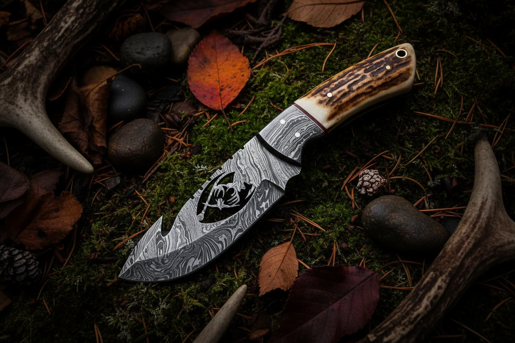 Stag antler skull medallion damascus knife diagonal