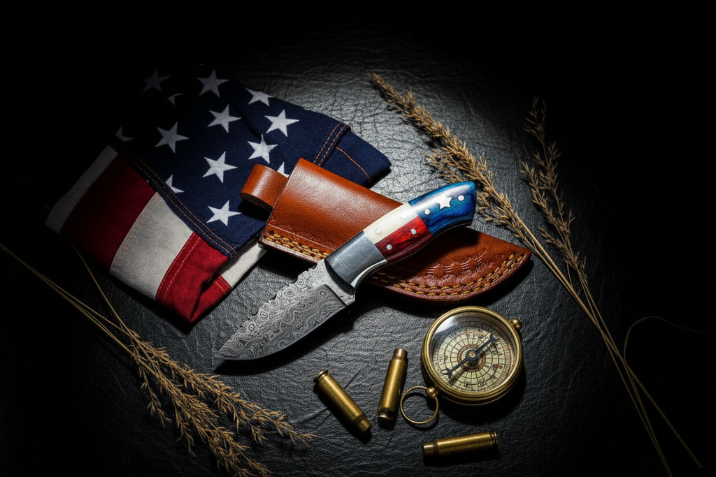 Lone Star Skinner raindrop Damascus knife with Texas flag handle, exotic wood, bone and steel bolster