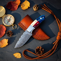 Lone Star Skinner Raindrop Damascus Knife with Texas Flag Handle