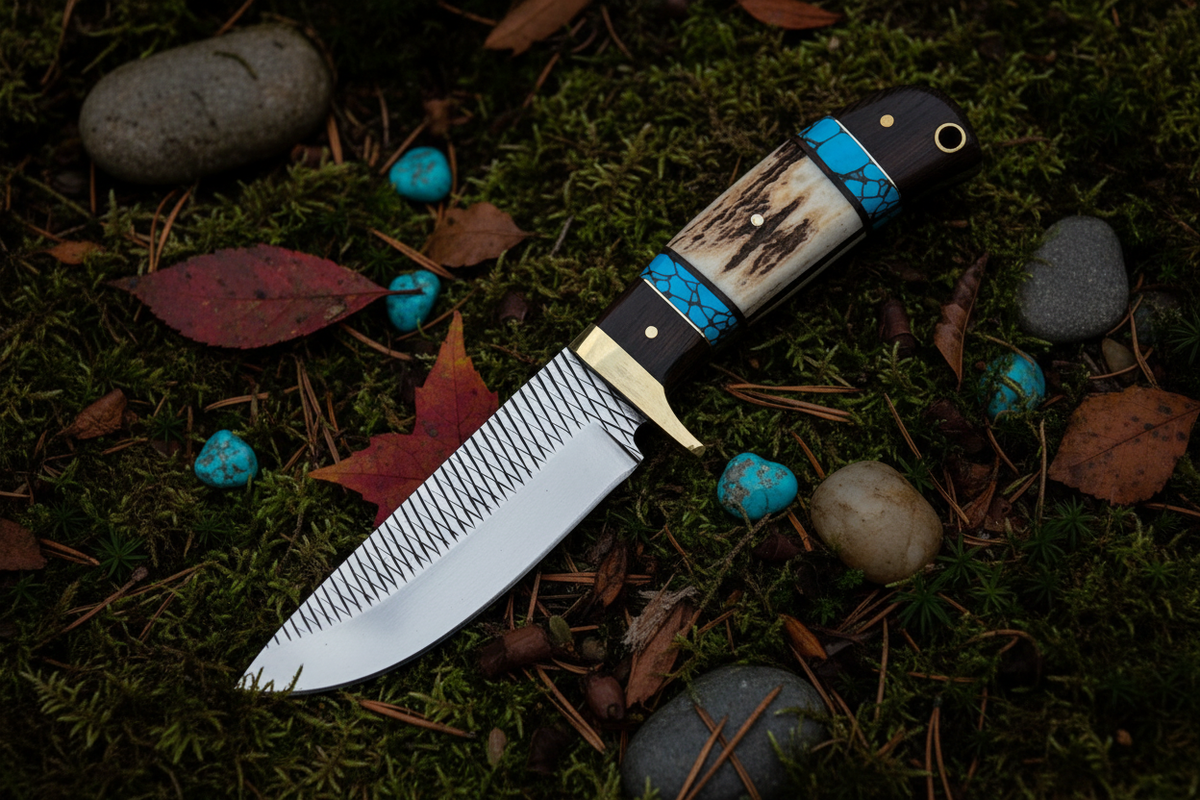 Hunter’s Frontier Rasp hunting knife with turquoise, antler and wenge wood handle