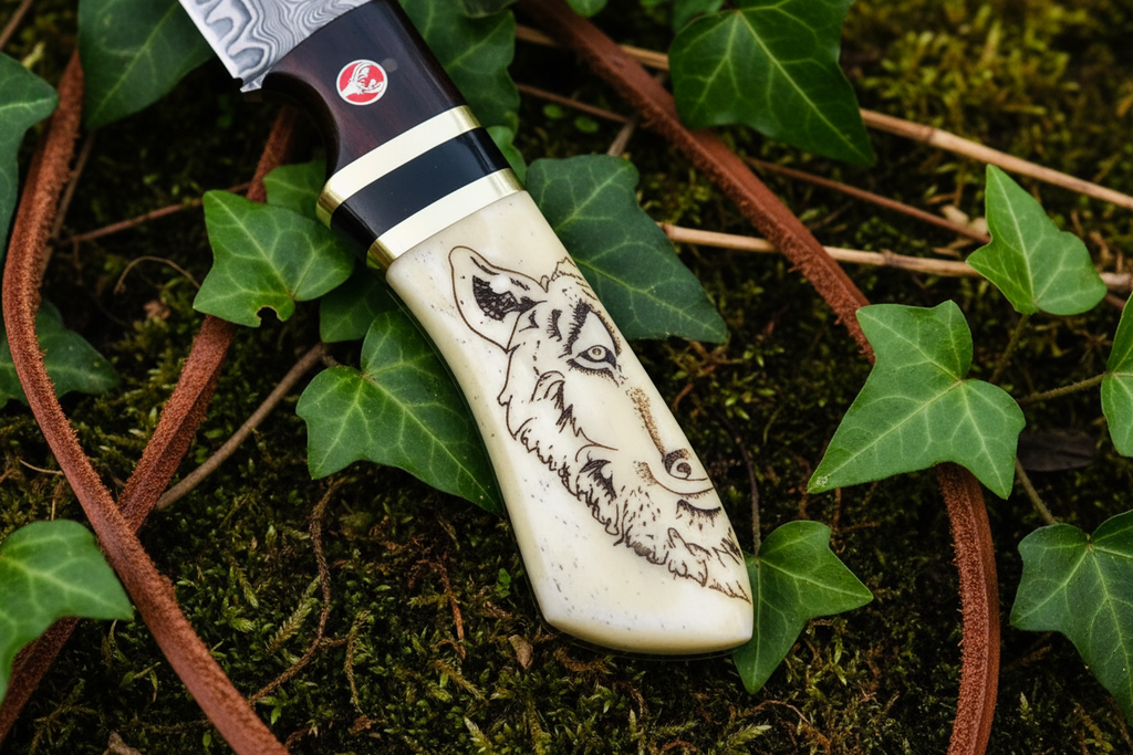 Wolf Engraved Bone Handle Close-Up