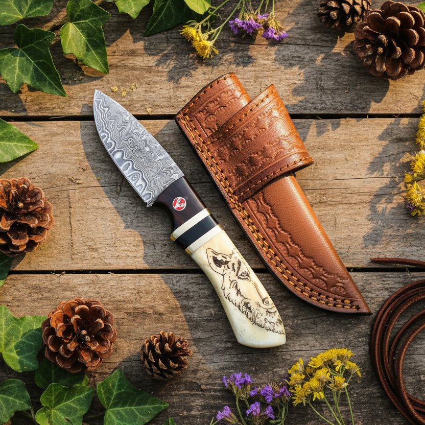 Wolf's Trail Raindrop Damascus Skinning Knife with Wolf Bone Handle